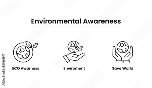Black outline icon set of Environmental Awareness Icon Set. Save World, Protect Environment, ECO Awareness, Sustainability, Green Living, Eco-Friendly Practices, Climate Action, Conservation. Solid Ic
