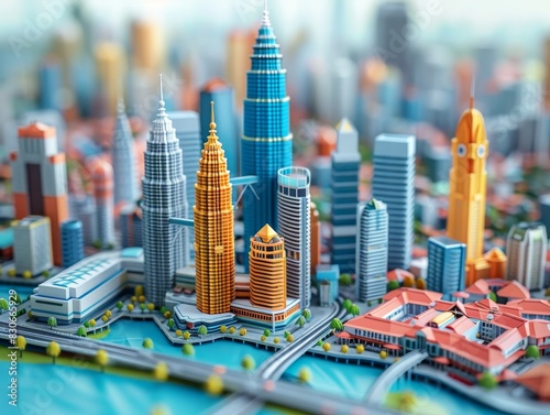 An adorable isometric 3D depiction of Kuala Lumpur highlights its iconic locales against a sapphire backdrop