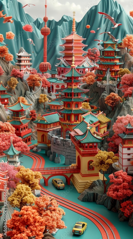Fototapeta premium Cute 3D Kuala Lumpur render showcases iconic cityscapes against a sapphire backdrop, strikingly centered and vibrant