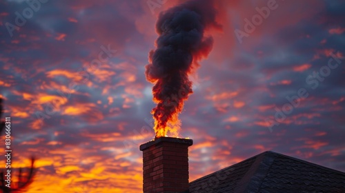 View of dense, black smoke trailing from an old brick chimney, highlighted by the warm, glowing sunset photo