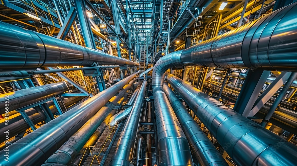 Steel pipelines and cables running through a chemical processing plant, intricate and layered pipe rack system Steel pipelines and cables running through a chemical processing plant, intricate and layered pipe rack system