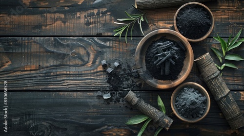 Skin care. Ingredients for mask and scrub with activated charcoal powder on dark wooden table  copy space.