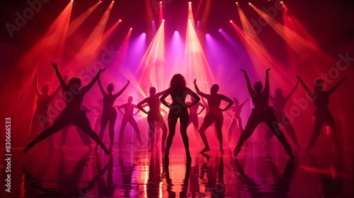 Stage show with dancers silhouetted against intense purple and red lights from behind, creating dramatic shadows © Alpha