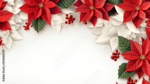 Festive Christmas background with red and white poinsettia flowers, green leaves, and berries. Ideal for holiday designs and seasonal decorations.