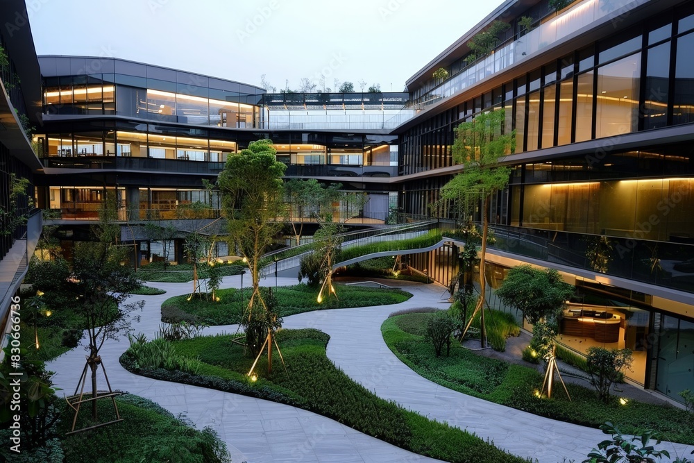 Obraz premium Modern Office Complex with Serene Central Courtyard and Lush Green Spaces
