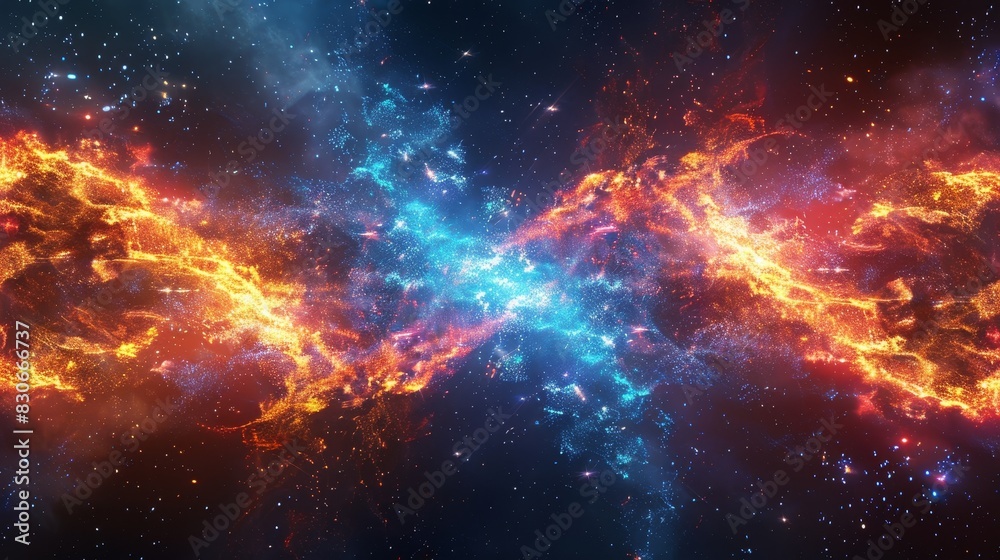 Surreal infinity fire with colorful flames morphing into an endless loop, cosmic backdrop with stars and galaxies