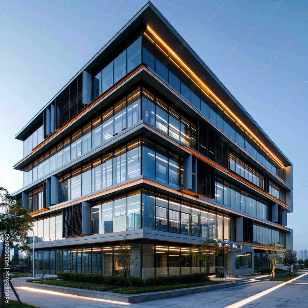 Fototapeta premium Futuristic High-Tech Office Building Embracing Energy-Efficient Design and Modern Amenities