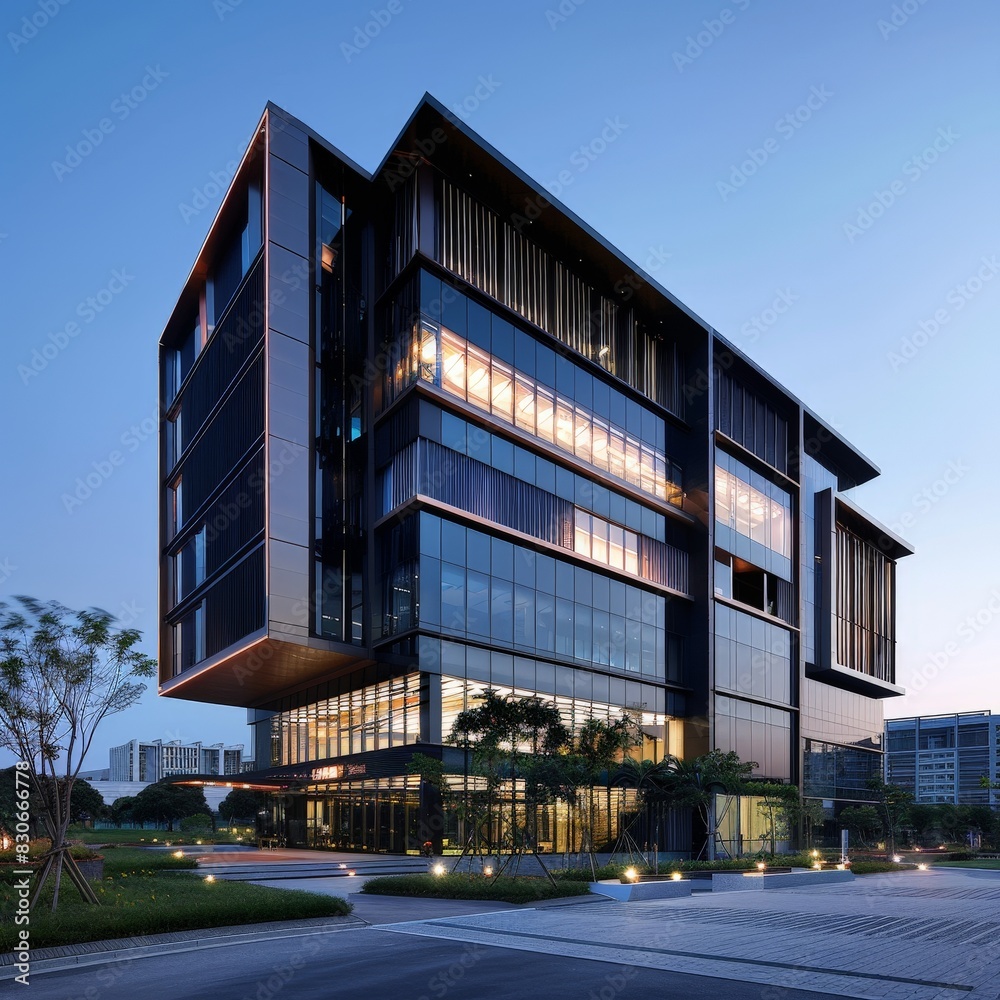 Obraz premium Futuristic High-Tech Office Building with Energy-Efficient Design and Modern Amenities