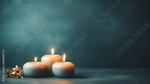 Three lit candles creating a tranquil and serene ambiance, perfect for relaxation, meditation, or home decor in a dark, minimalist setting.