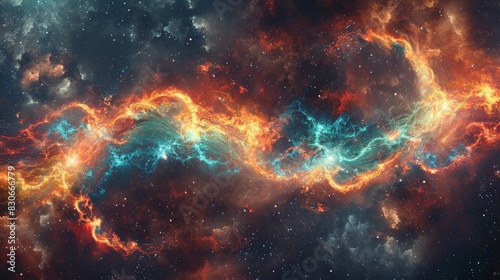 Surreal infinity fire with colorful flames morphing into an endless loop, cosmic backdrop with stars and galaxies photo