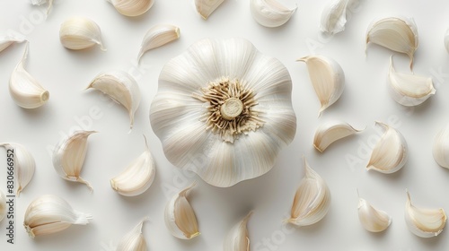 Top view of a garlic bulb with its stem attached, surrounded by garlic cloves, isolated background, studio lighting