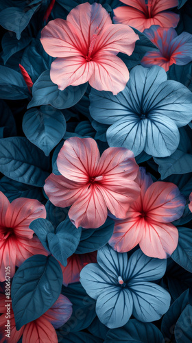 Striking Color Contrast Floral Display with Blue and Pink Hibiscus Flowers