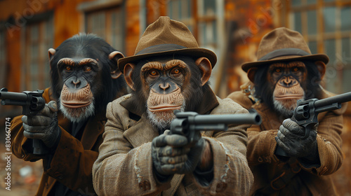 Monkey Gang with Weapons - A group of monkeys in gangster outfits, each holding different types of weapons, in a combat stance in front of an abandoned warehouse