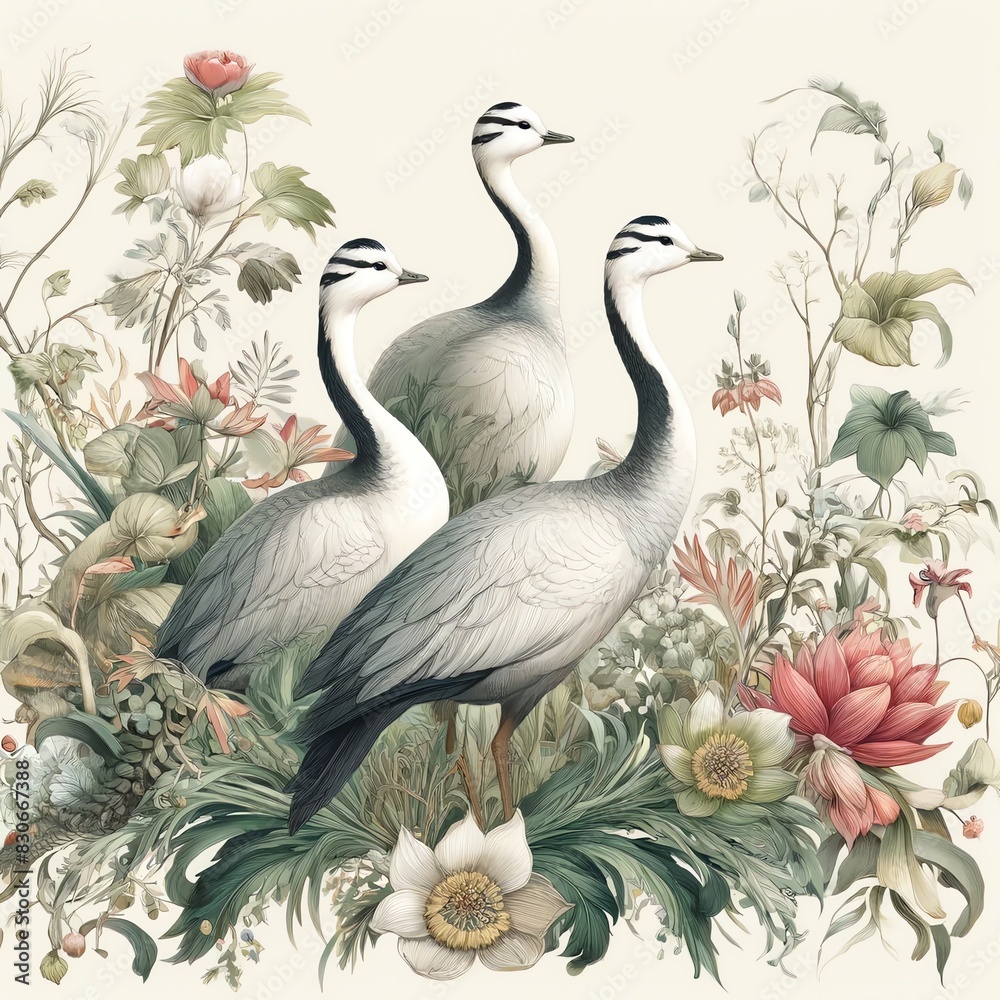 Obraz premium Illustration of three Bar-headed Geese of Paradise standing among a variety of intricate plants and flowers