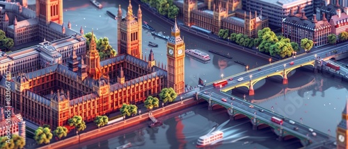 London's famous places and atmosphere shine in a cute isometric 3D render on a red solid background