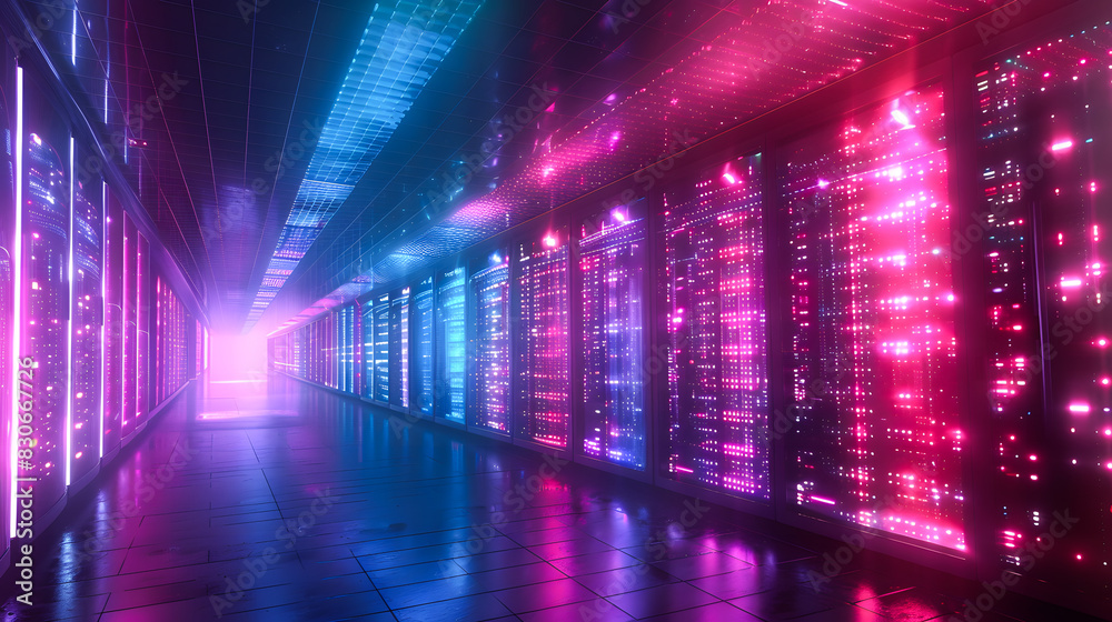 Fototapeta premium A server room with server racks in the dark, in the style of light indigo and black, glassy translucence