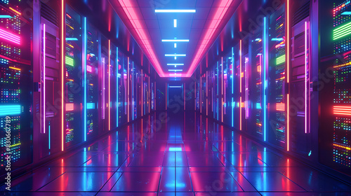 A server room with server racks in the dark, in the style of light indigo and black, glassy translucence photo