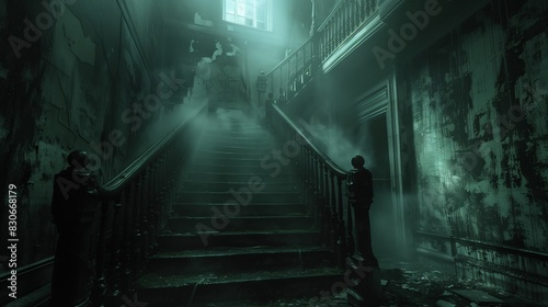 A foggy staircase in an old  abandoned mansion  creating a mysterious and eerie atmosphere.