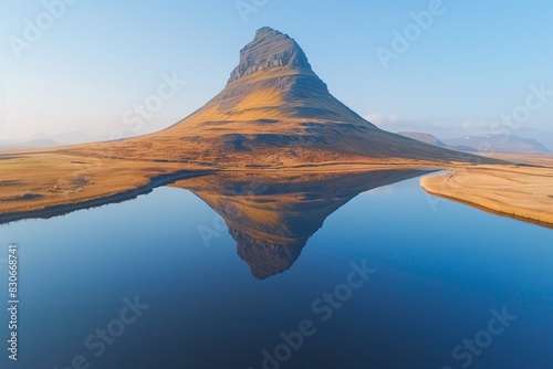Gorgeous bird's-eye view of Kirkjufell volcano mirrored on a lake during fall in the early hours on Snaefellsnes peninsula, Iceland. photo