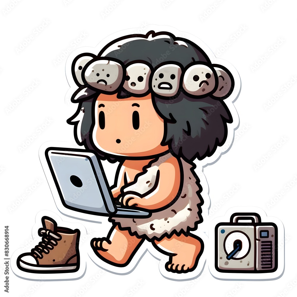 Neanderthal man holding laptop not working, good atmosphere Neanderthal man holding laptop not working, good atmosphere