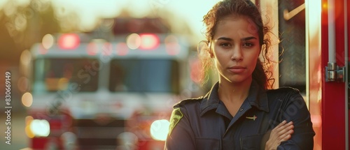 Confident female firefighter in uniform, fire truck background.