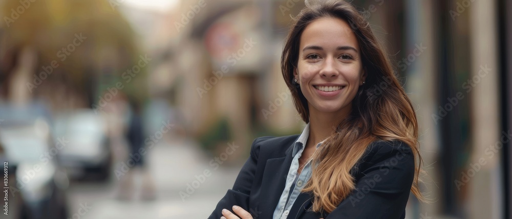 Confident businesswoman celebrating success outdoors, thumbs up. Successful female entrepreneur with positive attitude, urban scene.