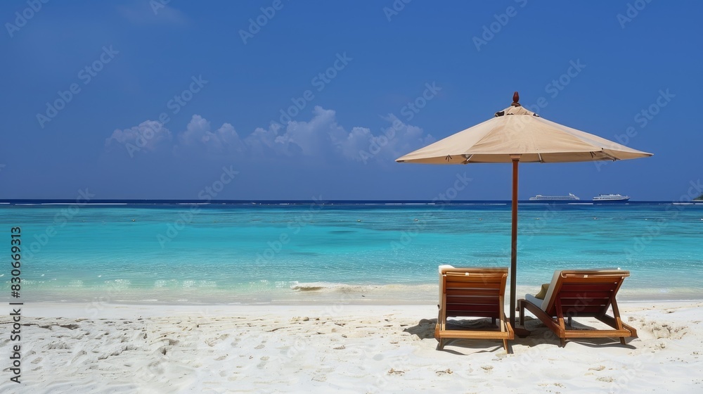 A beautiful beach background for a summer trip. Bright sun, palm tree and beach chairs on the sand against a beautiful blue sea and blue sky.
