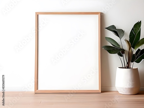 Wooden frame mock up. Frame poster on wooden table on white wall.	