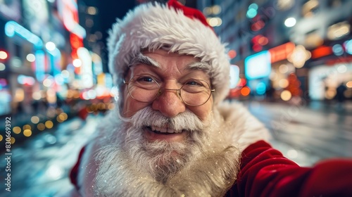 Modern Santa Claus in a festive city at night.