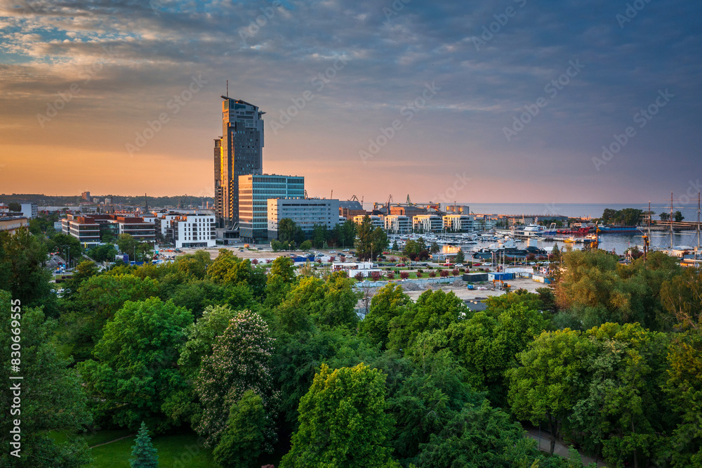 Fototapeta premium Aerial landscape of the harbor in Gdynia with modern architecture at sunset. Poland
