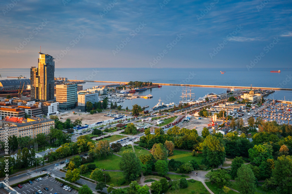 Aerial landscape of the harbor in Gdynia with modern architecture at sunset. Poland