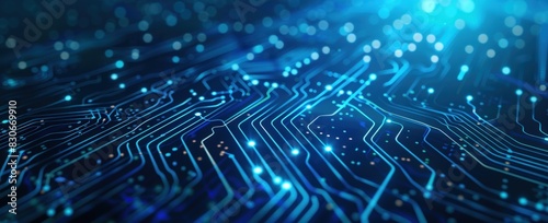 Abstract blue circuit board background with dots and lines.