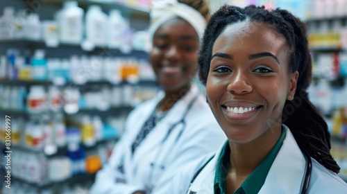 Friendly female pharmacists at a drugstore counter. Helpful and approachable pharmacists offering healthcare advice. photo