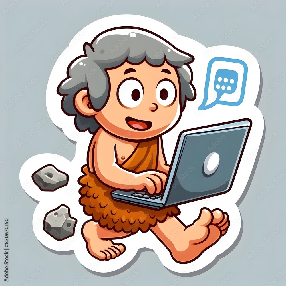 Neanderthal man holding laptop not working, good atmosphere Neanderthal man holding laptop not working, good atmosphere