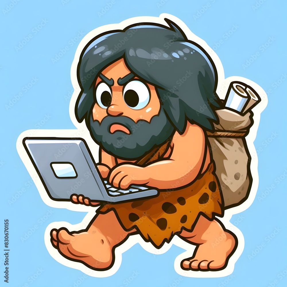 Obraz premium Neanderthal man holding laptop not working, good atmosphere