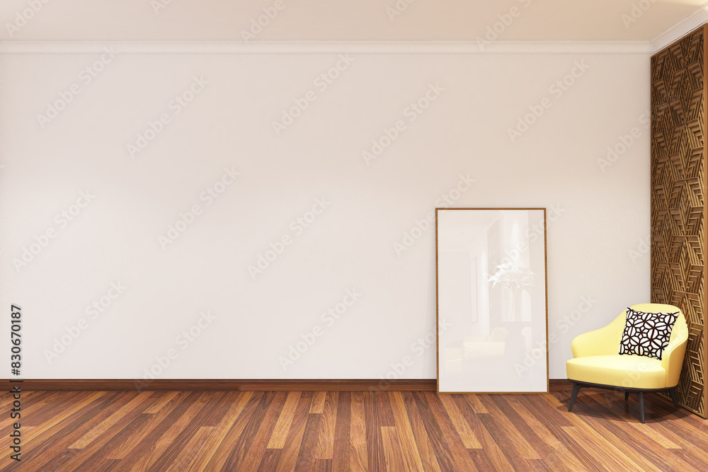 Fototapeta premium 3d render interior of white wall mock up with armchair, laser cuts panel and frame mock up. Minimal scandinavian style 3