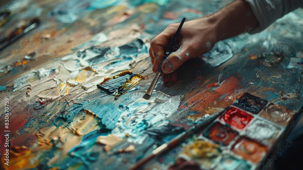 An artist mixing colors on a palette, close up, color theory theme, ethereal, manipulation, rustic studio backdrop An artist mixing colors on a palette, close up, color theory theme, ethereal, manipulation, rustic studio backdrop