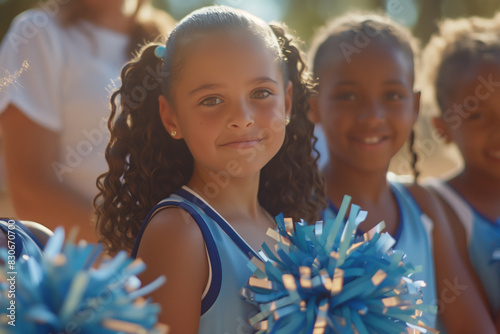 Girl with natural curly hair in cheerleading uniform with pompoms. Smiling child cheerleader with her team. photo