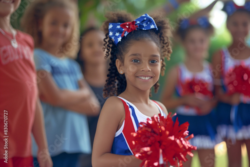 Girl with natural curly hair in cheerleading uniform with pompoms. Smiling child cheerleader with her team.