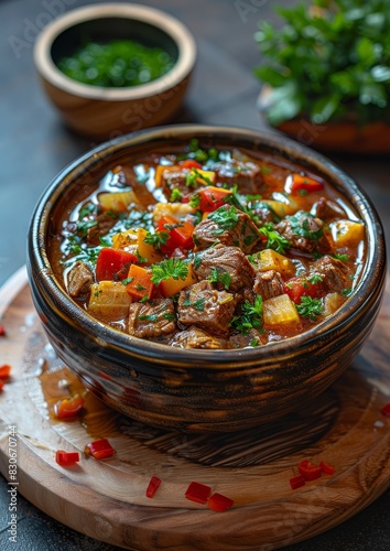 Gulaschsuppe - Goulash soup with chunks of beef and vegetables.