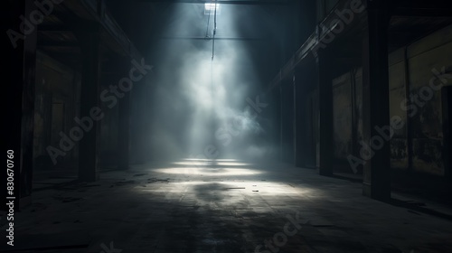 Smoke Filling an Abandoned Hallway with Rays of Light Piercing Through