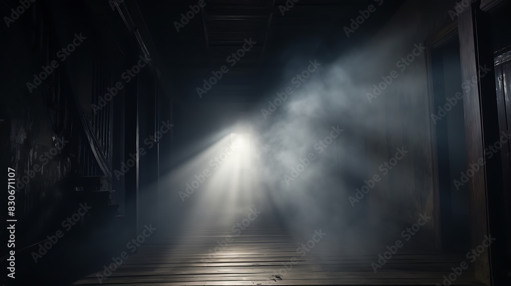 Smoke Filling an Abandoned Hallway with Rays of Light Piercing Through