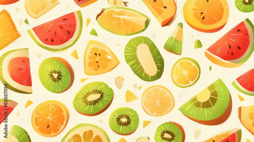 The background features a delightful pattern of papayas and kiwis