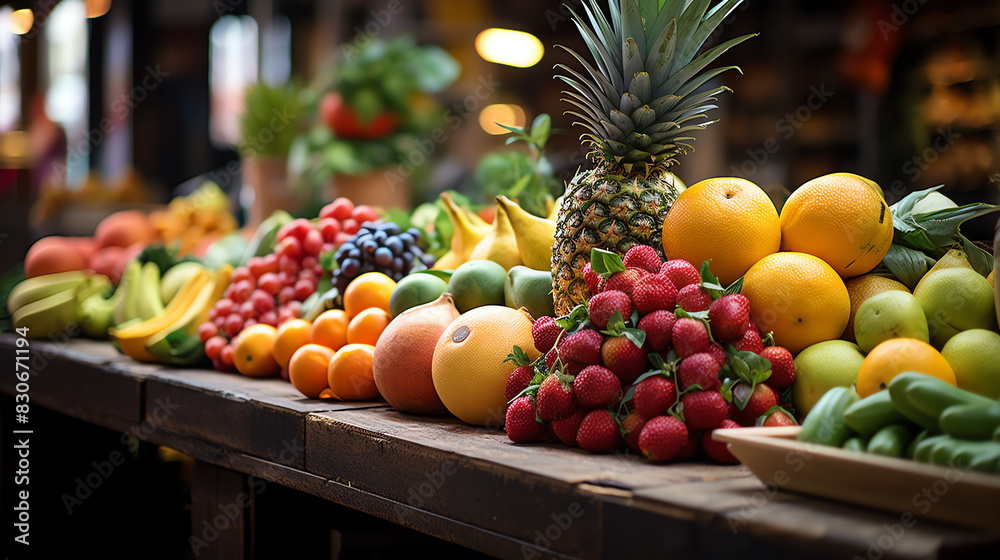 There are many kinds of fruits on a wooden table. There are pineapples, strawberries, apples, oranges, bananas, and grapes.

