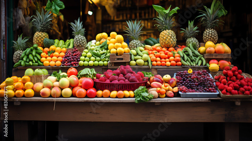 There are many kinds of fruits on a wooden table. There are pineapples, strawberries, apples, oranges, bananas, and grapes.