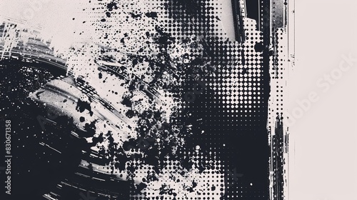 Distorted grunge layers with glitch effect. Design element for marketing materials and social media. Textured banner with distressed halftone dots for a screen print look.