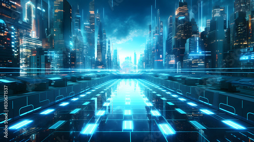digital green and blue cyberpunk city graphics poster background