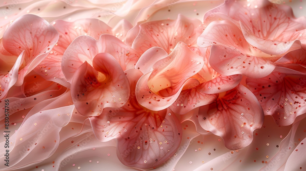 A whimsical arrangement of soft pink rose petals, intertwined with blush silk and rose gold sequins. A whimsical arrangement of soft pink rose petals, intertwined with blush silk and rose gold sequins.