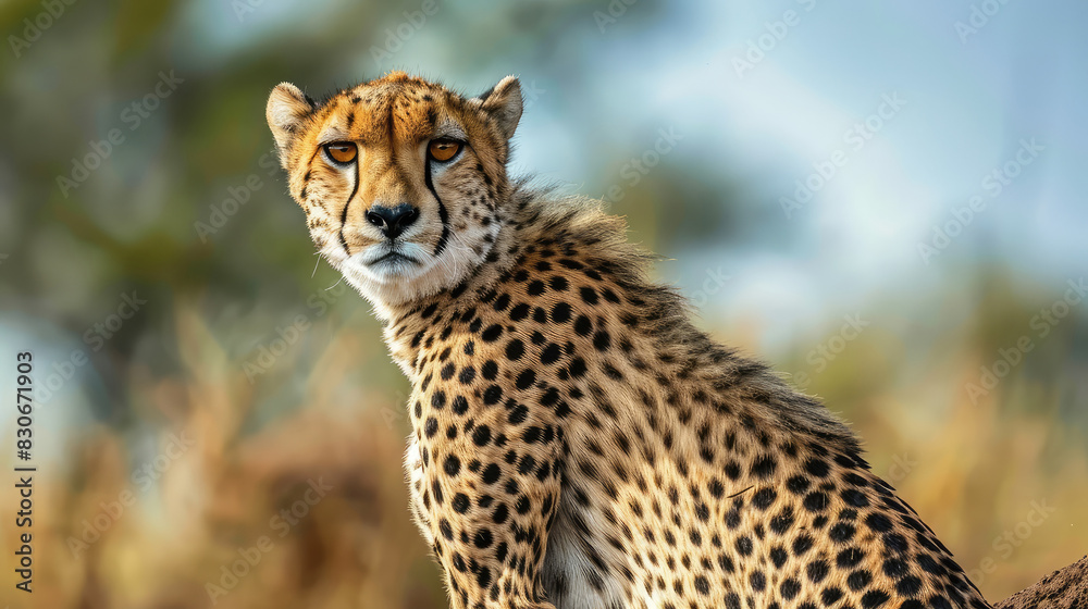 With its sharp eyes fixed on the distance, a cheetah stands tall, ever vigilant and ready to strike. With its sharp eyes fixed on the distance, a cheetah stands tall, ever vigilant and ready to strike.