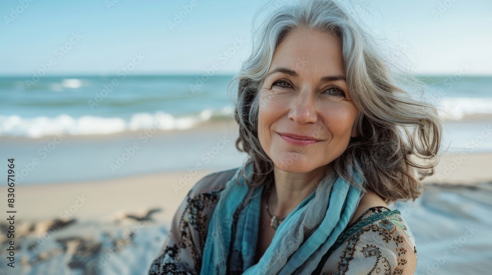 Confident mature woman enjoying a relaxing beach vacation. Caucasian woman with ageless beauty, smiling on a sandy beach. Confident mature woman enjoying a relaxing beach vacation. Caucasian woman with ageless beauty, smiling on a sandy beach.